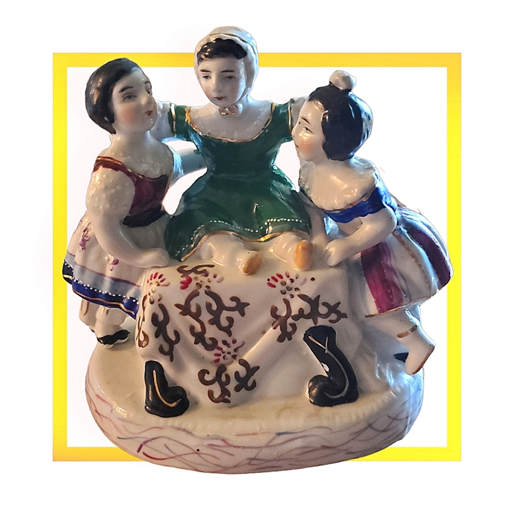 GERMAN PORCELAIN INKWELL "A TRIO OF CHILDREN AT PLAY" IN RARE PETITE SIZE